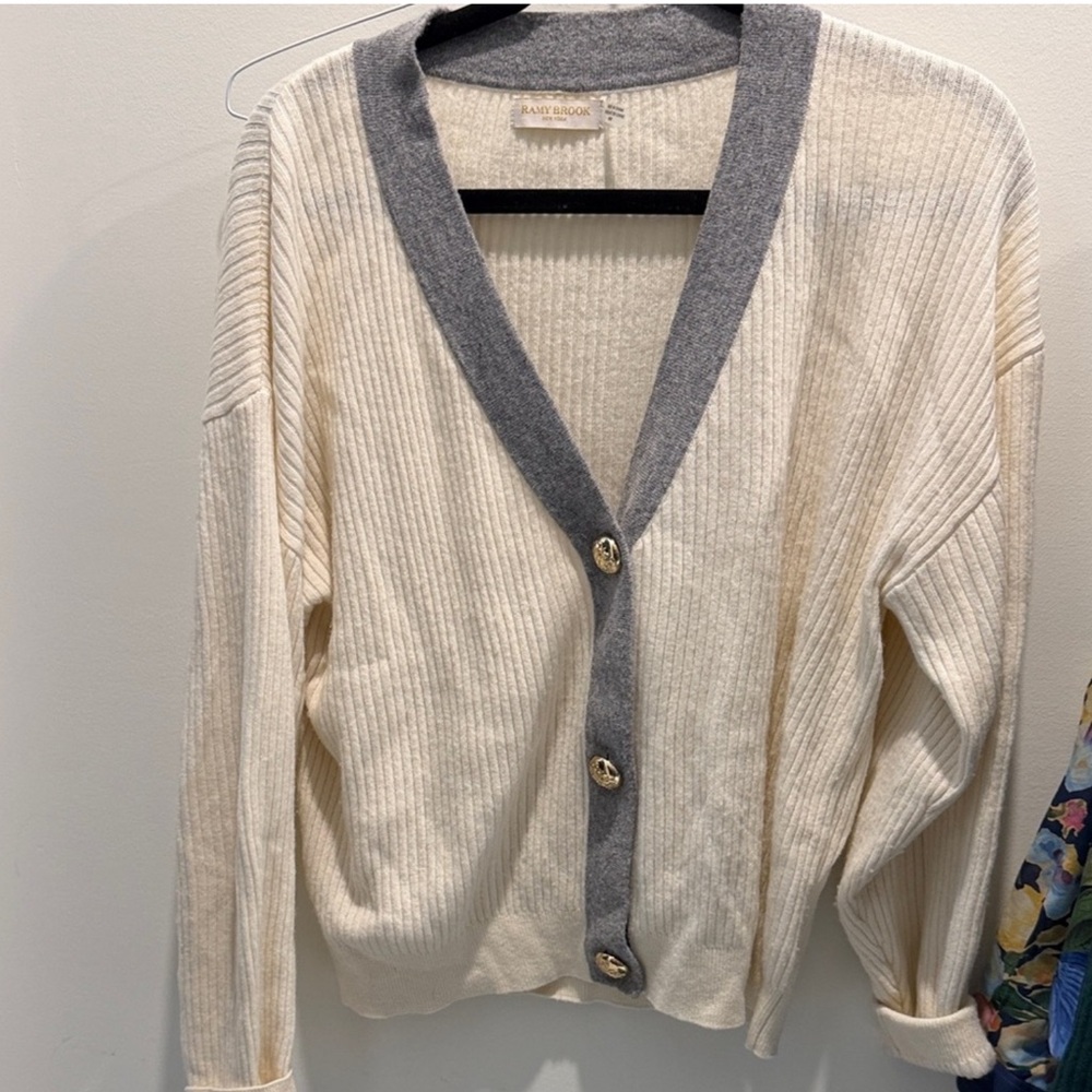 Ramy Brook Nina Color Block Cardigan Sweater Grey Cream gold button M  $325 MSRP